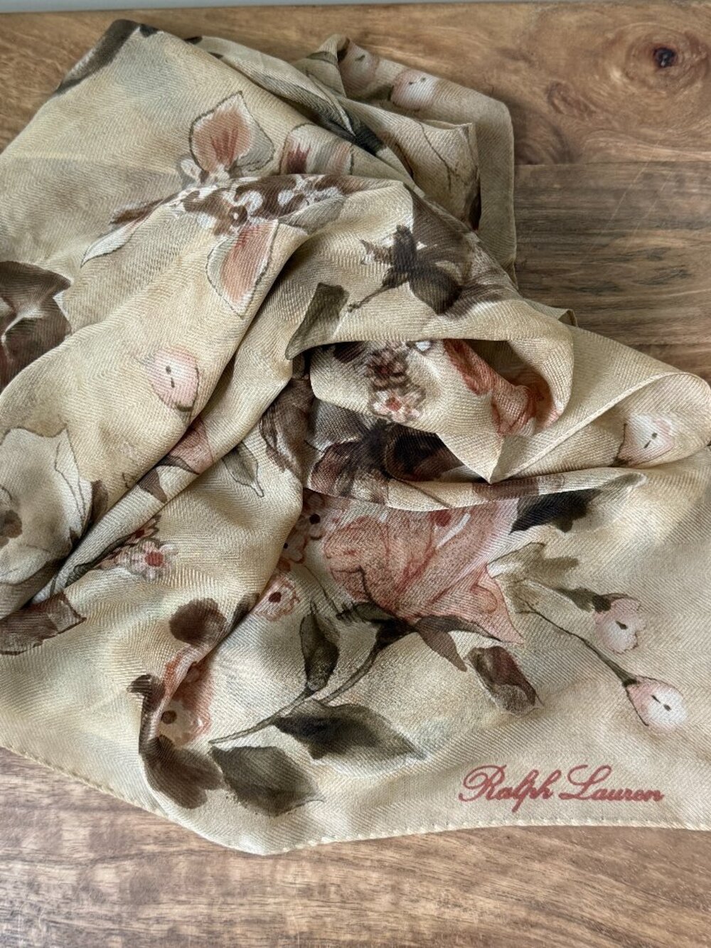 RALPH LAUREN Vintage Silk Sheer Floral Cottagecore Scarf Neutral Beige Tan Pink